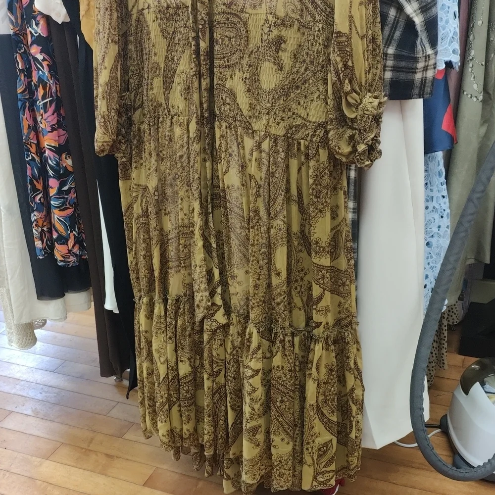 Boho Paisley Long Sleeve Maxi Dress - Mustard/Brown - Picture 3 of 12